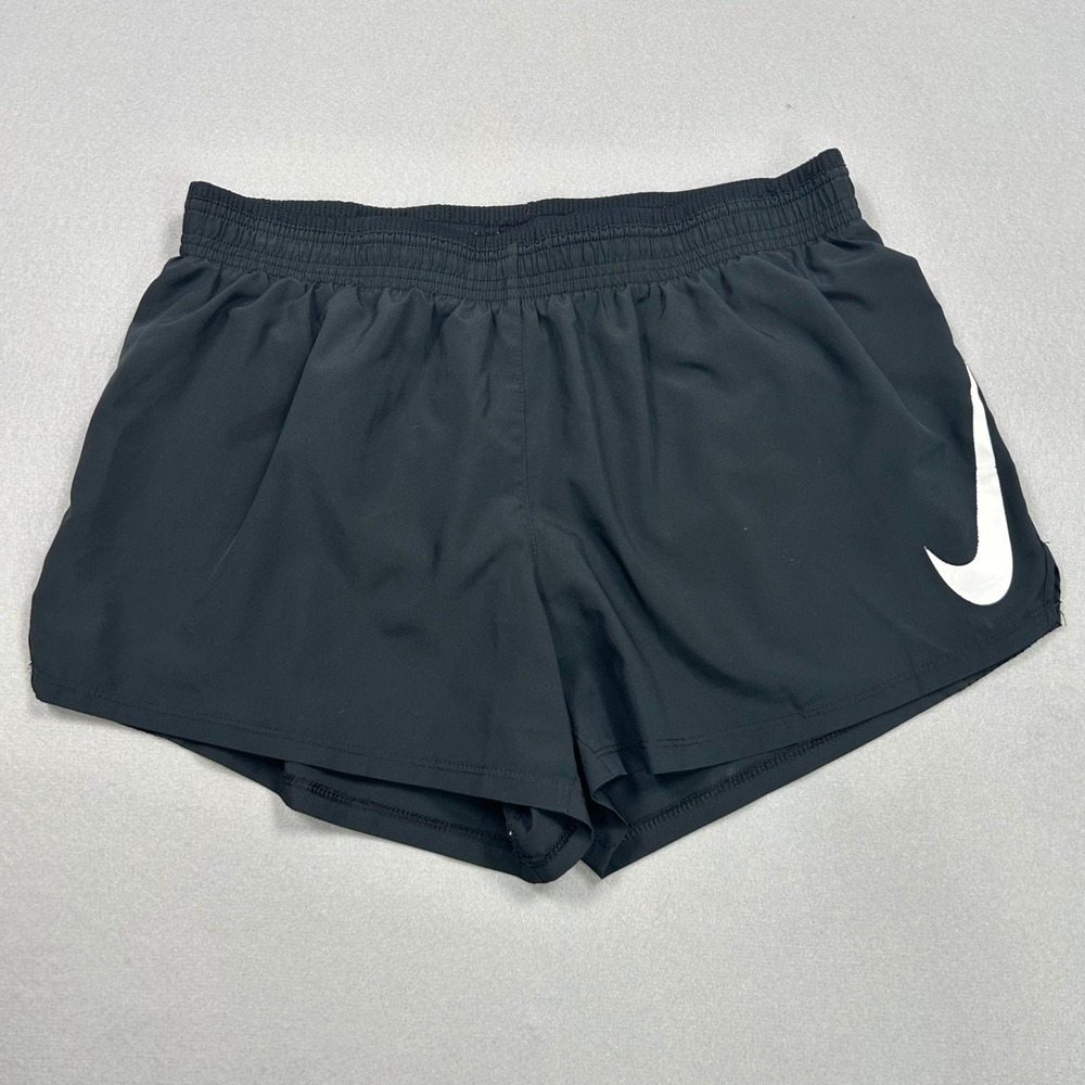 Nike Dri-FIT Women Black Running Shorts Large Big Swoosh Mesh‎ Athletic Gym L